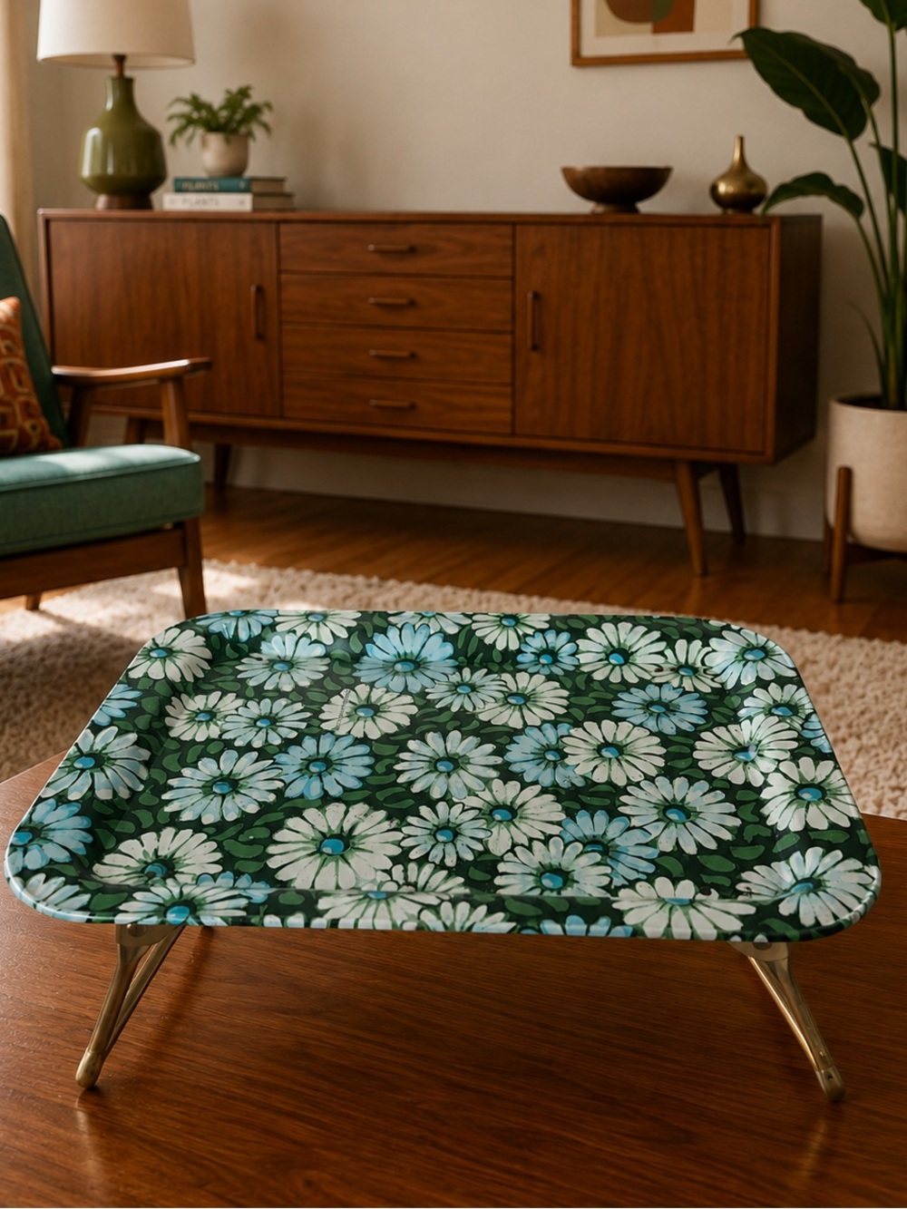 Vintage 60's Marsh Allen Daisy Floral Serving TV Lap Tray Rectangle 17x12 Metal